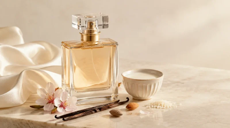 Perfumes lactônicos: o que são e como escolher uma fragrância cremosa frasco de perfume sem marca ao lado de leite, baunilha e flores brancas em composição editorial