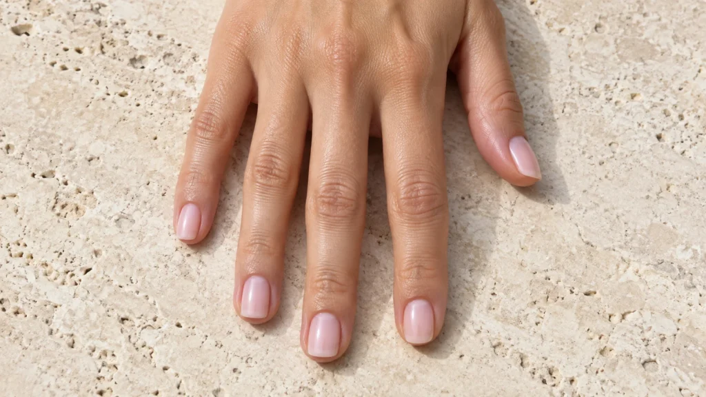 unhas quadradas curtas com soap nails rosadas e brilho intenso sobre pedra clara
