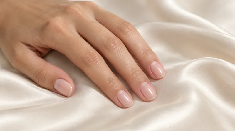 mãos com soap nails rosadas, translúcidas e muito brilhantes em luz natural