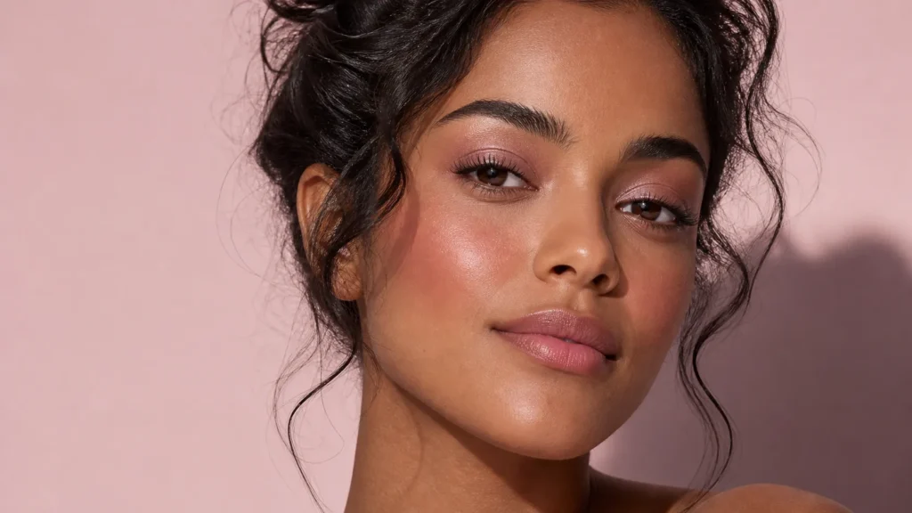 maquiagem com sombra perolada rosé e blush suave