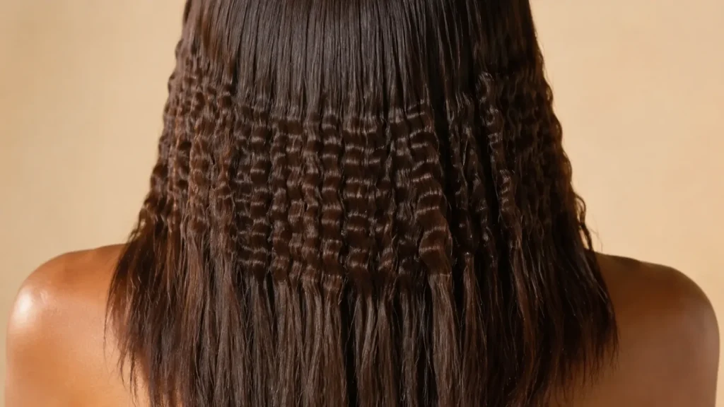cabelo castanho com textura frisada suave no comprimento e pontas mais soltas