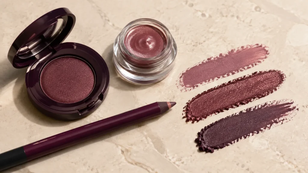 sombras e lápis em tons de ameixa, vinho e malva com amostras de pigmento