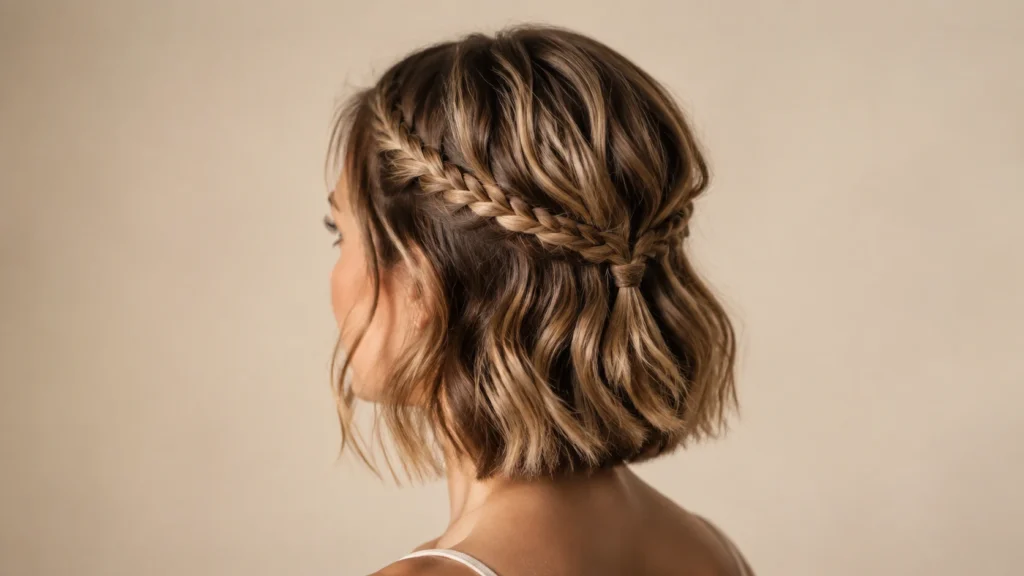 trança-coroa adaptada para cabelo curto em camadas com acabamento moderno