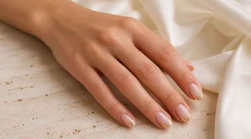 unhas nude com pequenos detalhes de foil dourado em acabamento elegante