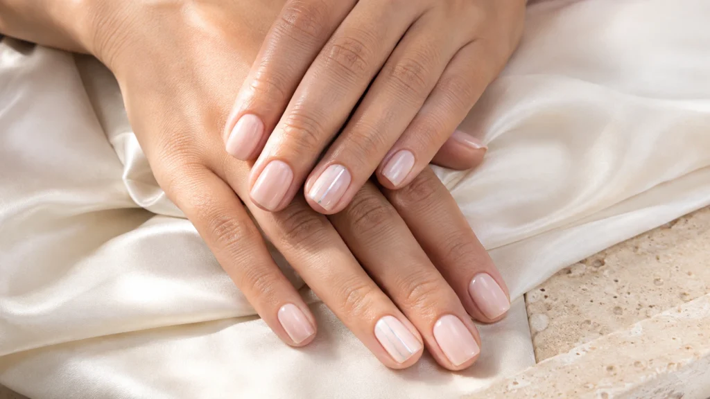unhas curtas quadradas com esmalte rosa leitoso e linhas cromadas delicadas  