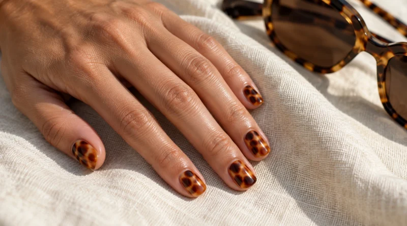Unhas curtas com efeito tartaruga em âmbar e marrom, ao lado de óculos com estampa semelhante.