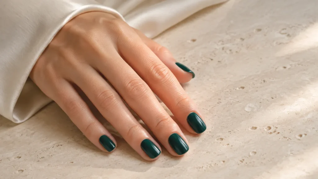unhas curtas em tom verde-esmeralda com acabamento brilhante e elegante