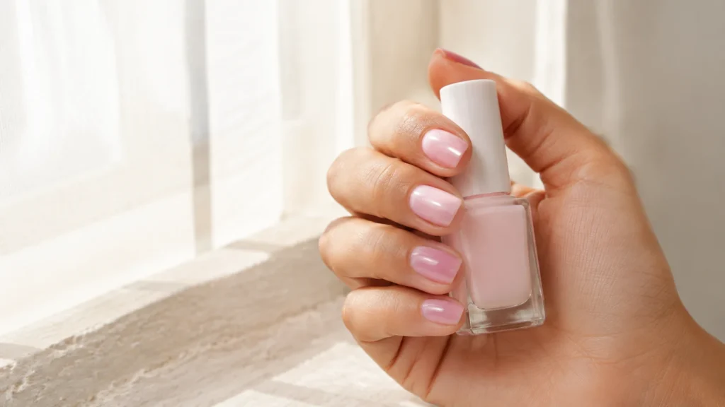 unhas quadradas curtas com esmalte rosa leitoso e brilho intenso