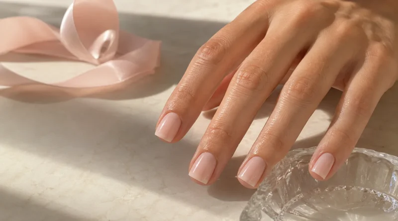 unhas quadradas curtas com esmaltação nude rosada e acabamento brilhante