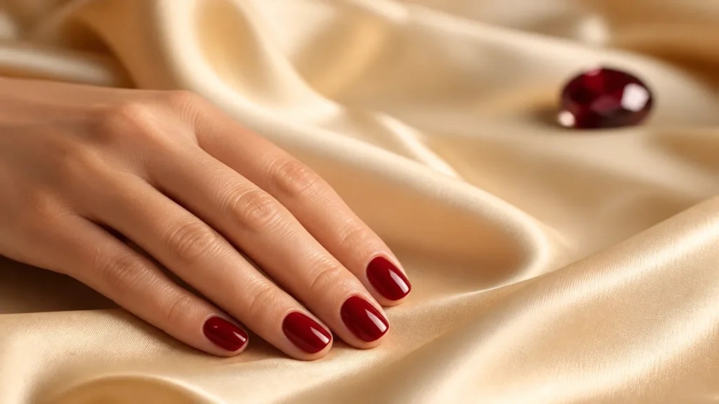 unhas curtas em vermelho-rubi profundo com acabamento brilhante sobre seda champagne