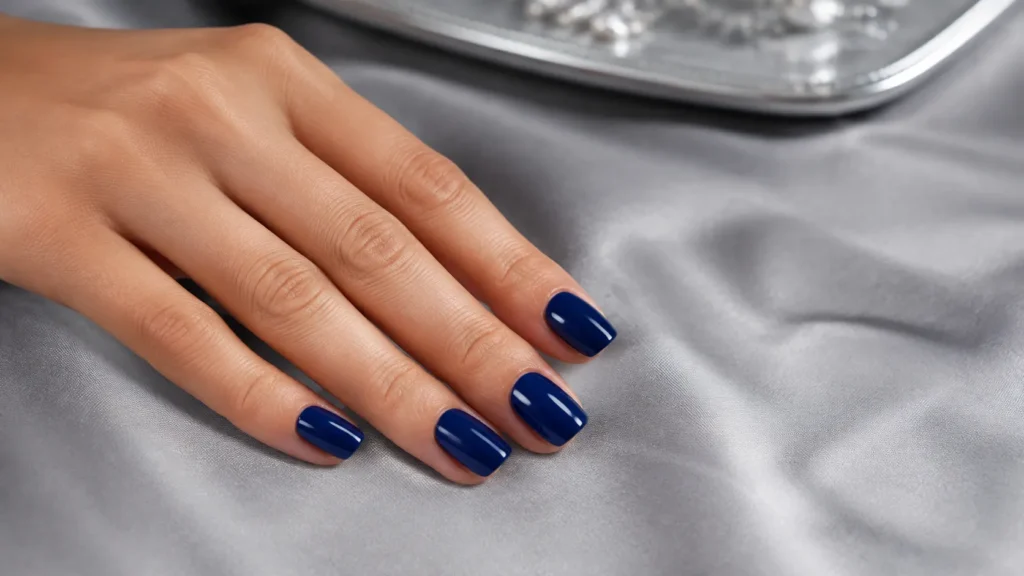 unhas curtas em tom azul-safira com acabamento brilhante sobre tecido cinza