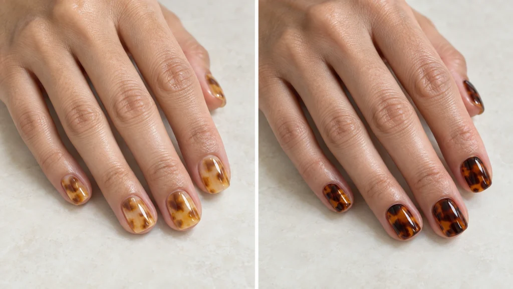 O efeito tartaruga leva o charme dos acessórios para as unhas Comparação de unhas com efeito tartaruga em mel e caramelo à esquerda e âmbar com café à direita.