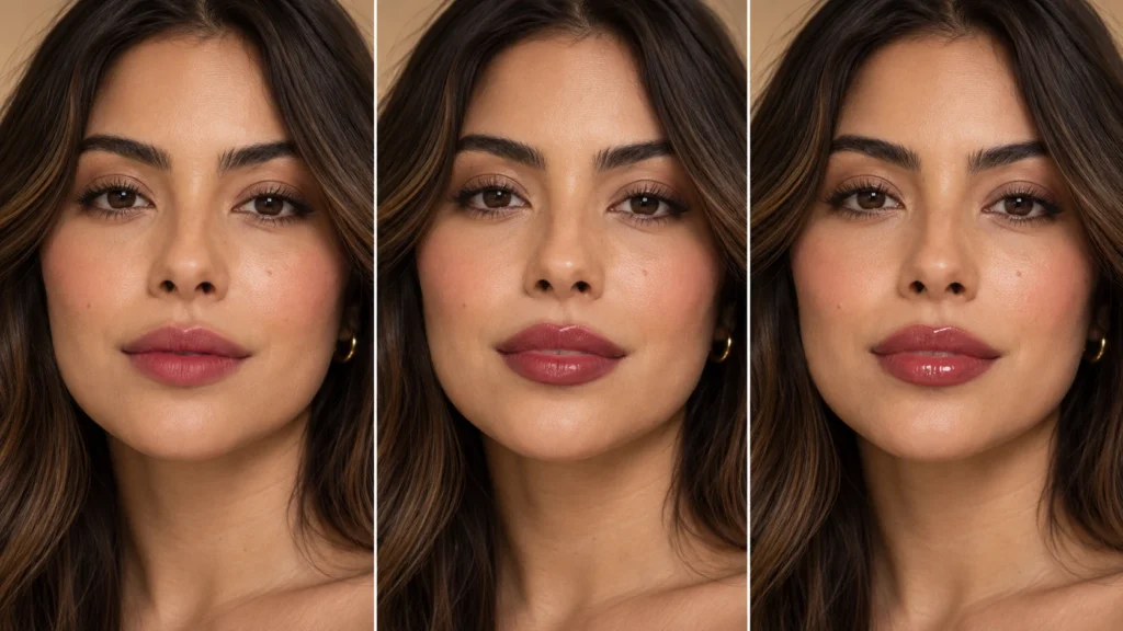comparação entre lip tint líquido, cremoso e com acabamento gloss