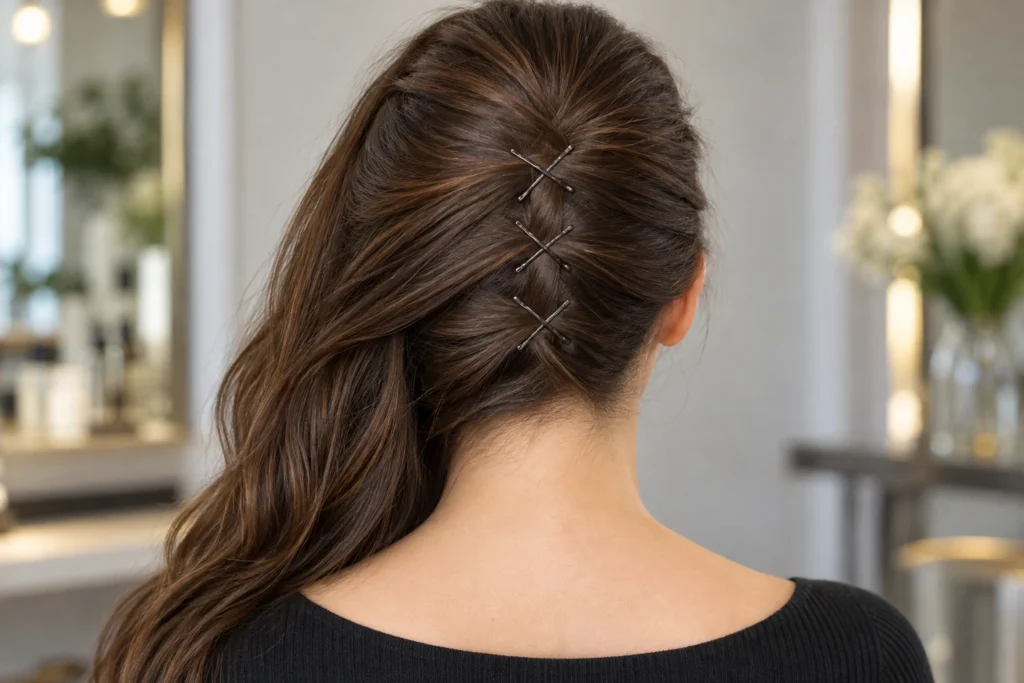 cabelo levado para um lado com grampos cruzados formando a base do coque banana