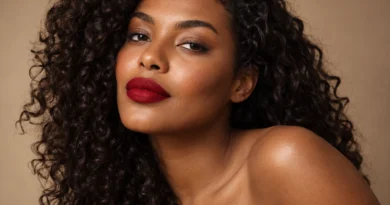 Mulher negra usando batom aveludado vermelho com maquiagem leve.