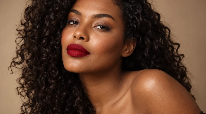 Mulher negra usando batom aveludado vermelho com maquiagem leve.