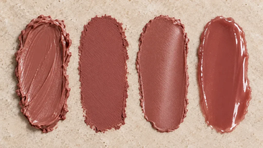Amostras de batom marrom rosado com acabamentos cremoso, matte, acetinado e brilhante.