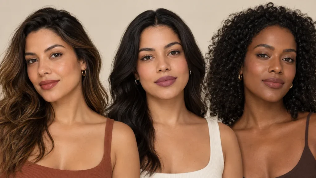 Três mulheres usando batom marrom rosado em variações quente, fria e neutra.
