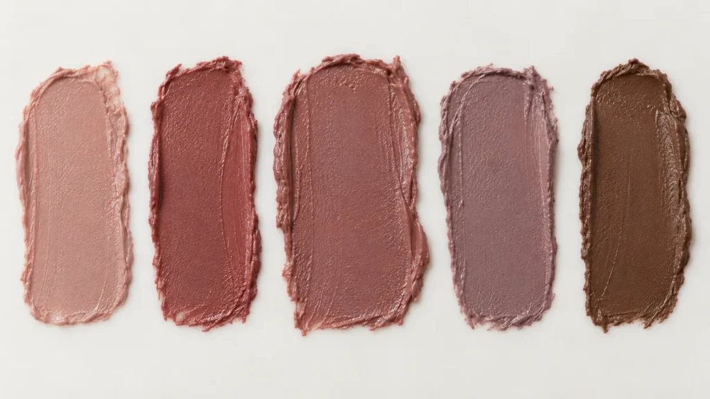 Amostras de batom nude rosado, rosa queimado, marrom rosado, malva e marrom.
