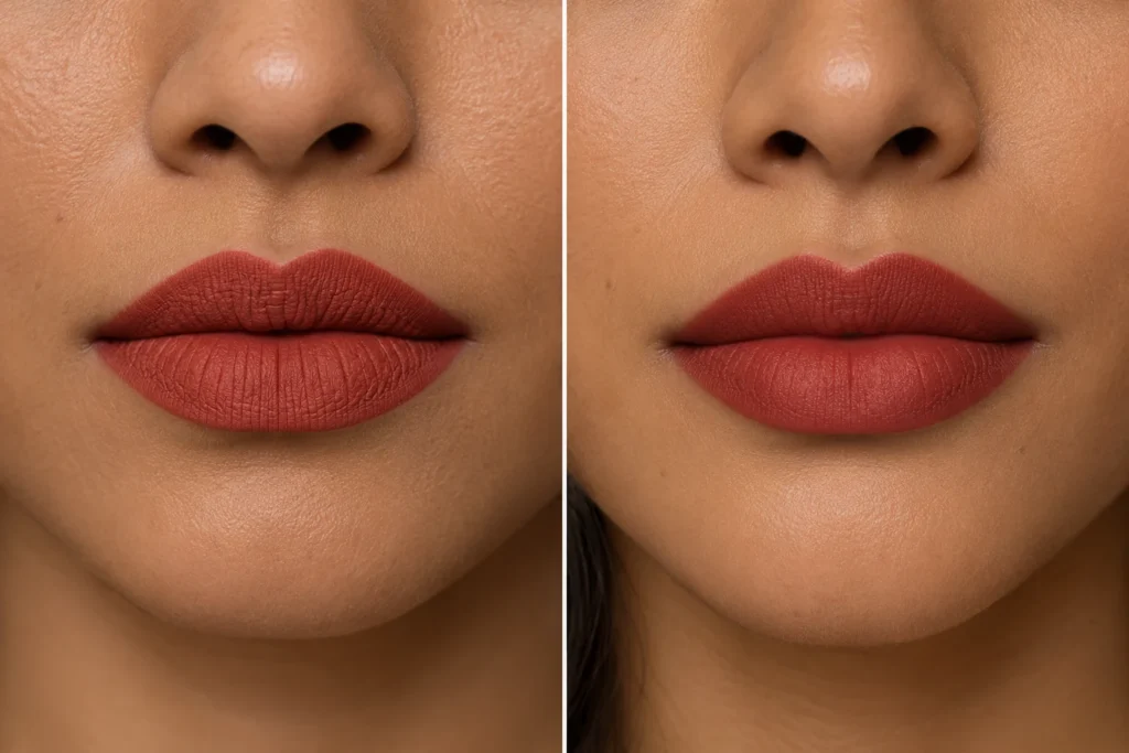 Batom aveludado: a cor intensa voltou mais confortável Comparação visual entre batom matte tradicional e batom aveludado.
