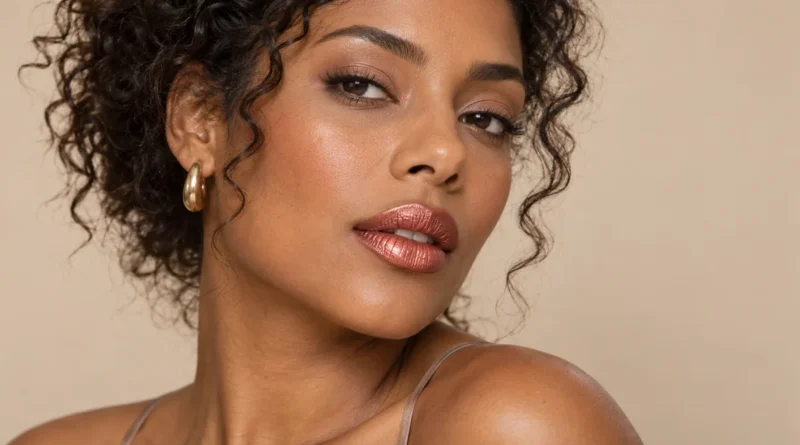 Batom metalizado: como usar o brilho metálico na maquiagem Mulher usando batom metalizado cobre rosado com maquiagem elegante.