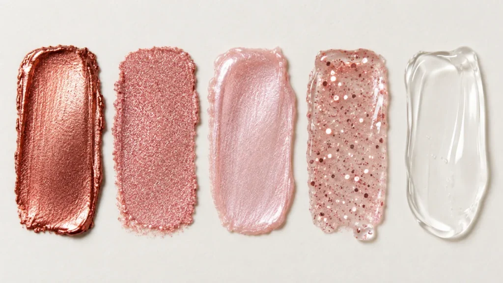 Amostras de acabamentos metalizado, cintilante, perolado, glitter e gloss.
