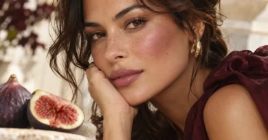 mulher usando blush figo em tom de rosa queimado e malva