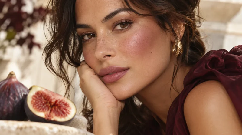 mulher usando blush figo em tom de rosa queimado e malva