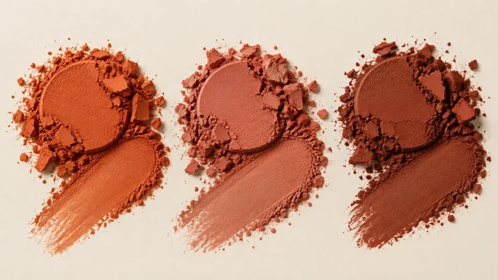 Blush terracota: como escolher o tom certo para sua pele Amostras de blush terracota alaranjado, rosado e amarronzado.