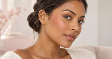 mulher usando blush rosa aplicado verticalmente das bochechas às têmporas