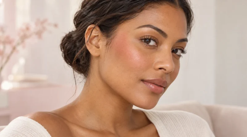 mulher usando blush rosa aplicado verticalmente das bochechas às têmporas