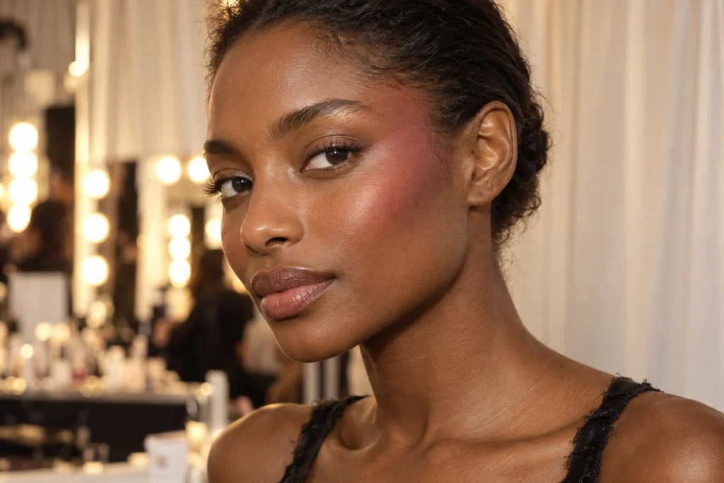 mulher negra usando blush berry intenso da bochecha até a sobrancelha