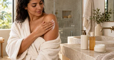 mulher realizando rotina de bodycare com hidratante corporal após o banho