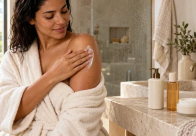 mulher realizando rotina de bodycare com hidratante corporal após o banho