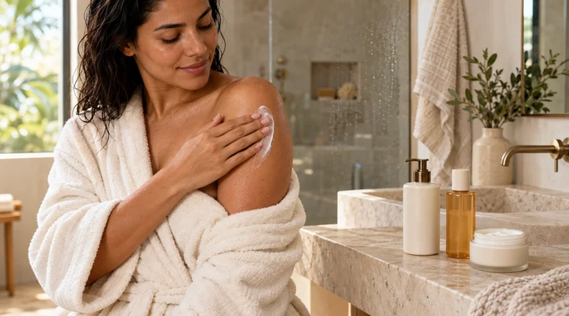 mulher realizando rotina de bodycare com hidratante corporal após o banho