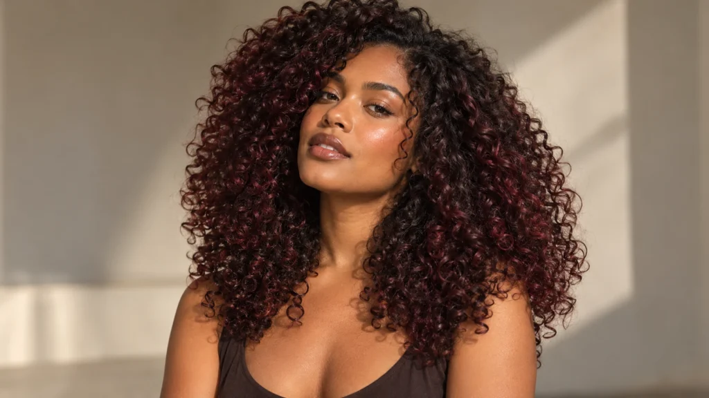 cabelo cacheado cherry cola com base castanha e reflexos cereja nas curvas