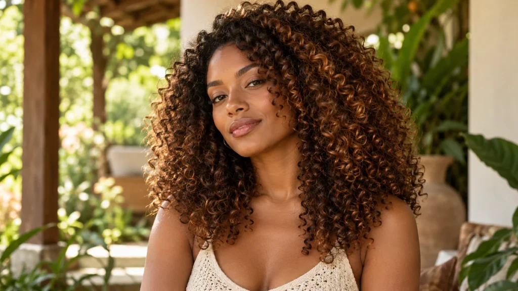 Mulher negra com cabelo cacheado castanho-canela e reflexos acobreados iluminados pelo sol.