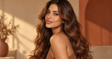 Mulher com cabelo canela longo e ondulado, com base castanha e reflexos acobreados e dourados.