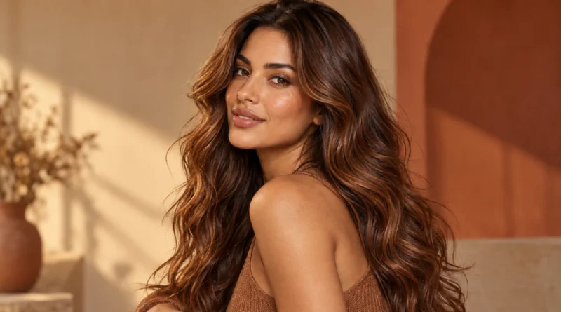 Cabelo canela deixa o castanho acobreado mais quente e luminoso Mulher com cabelo canela longo e ondulado, com base castanha e reflexos acobreados e dourados.