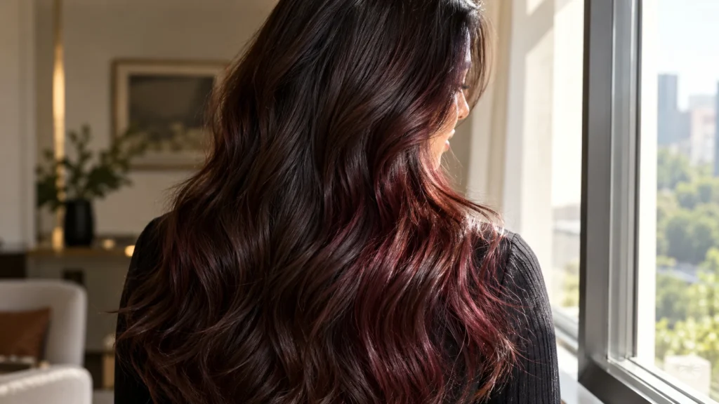 cabelo cherry cola mostrando base castanha na sombra e reflexos cereja sob a luz natural