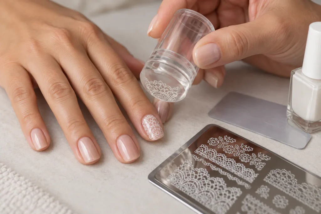 Unhas de renda: a nail art delicada que transforma desenhos em bordados Manicure utilizando carimbo de unhas para aplicar um desenho de renda.