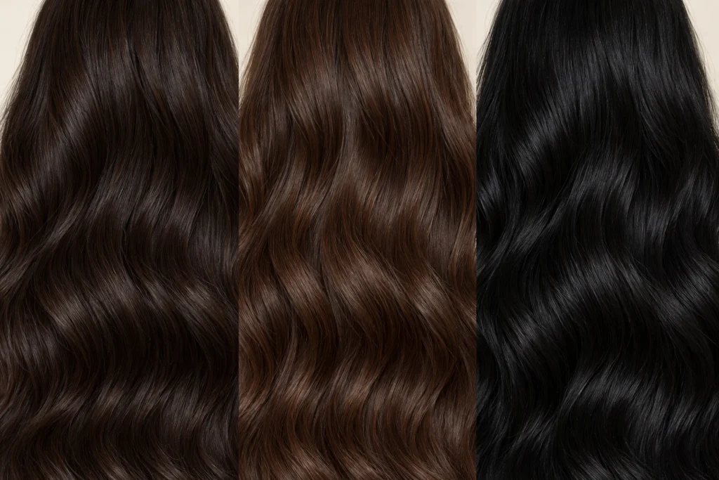 Comparação entre cabelos castanho espresso, castanho chocolate e preto, destacando diferenças de reflexos.