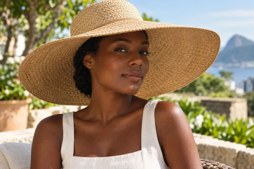 mulher usando chapéu de aba larga para proteger o couro cabeludo do sol