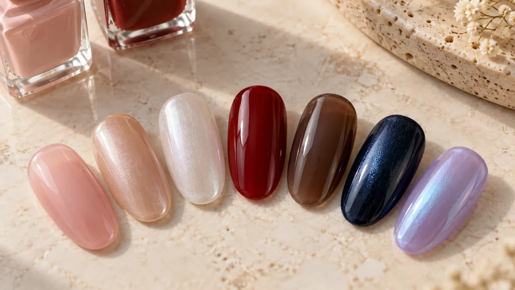 Sete combinações de esmaltes cremosos, leitosos e cintilantes