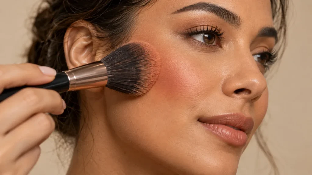 Blush terracota: como escolher o tom certo para sua pele Aplicação de blush terracota com pincel macio nas maçãs do rosto.