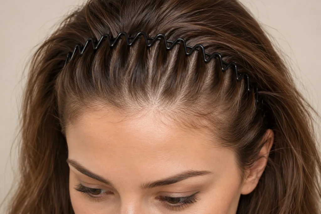 Close da tiara zig-zag formando divisões na raiz do cabelo.