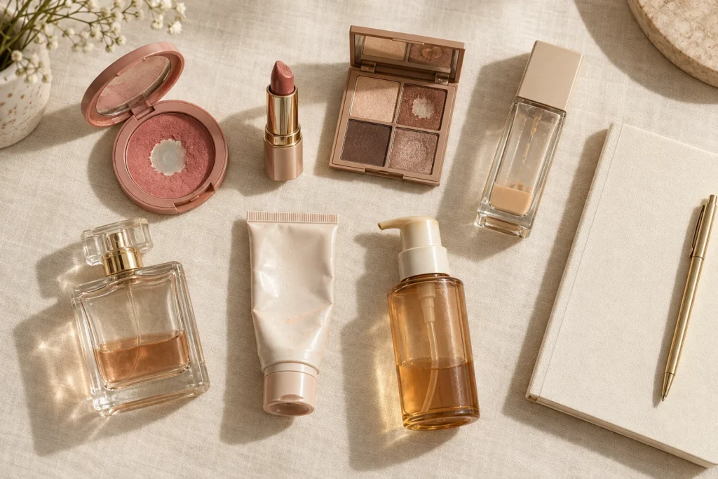 seleção de produtos de maquiagem, perfume e cuidados para começar um Project Pan