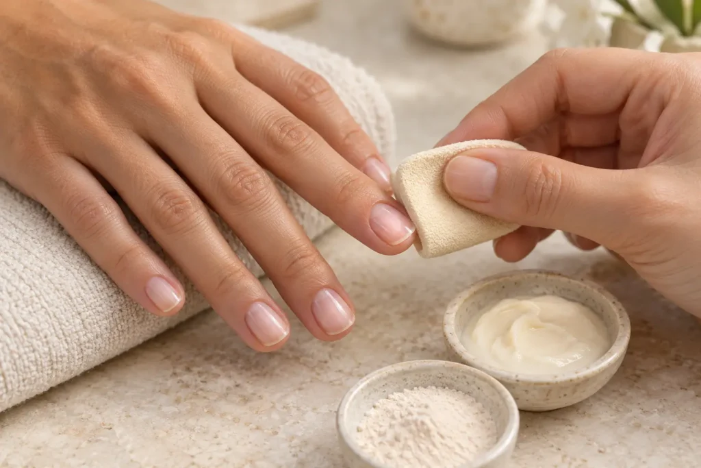 polimento delicado da unha natural durante a manicure japonesa