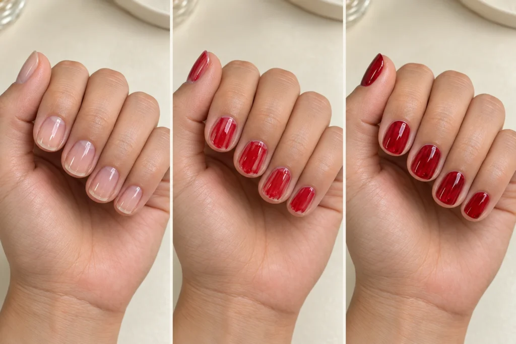 Boyfriend nails: a tendência das unhas borradas de propósito que apareceu na passarela Passo a passo de boyfriend nails com esmalte vermelho irregular sem borrar a pele.