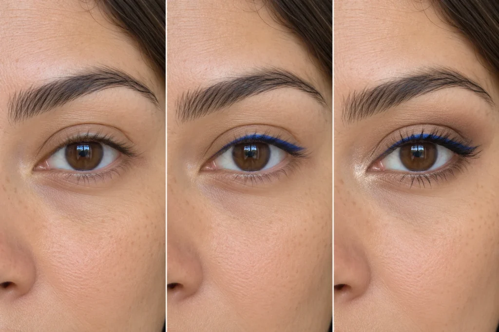 Passo a passo de eyemaxxing com delineado azul e máscara de cílios.